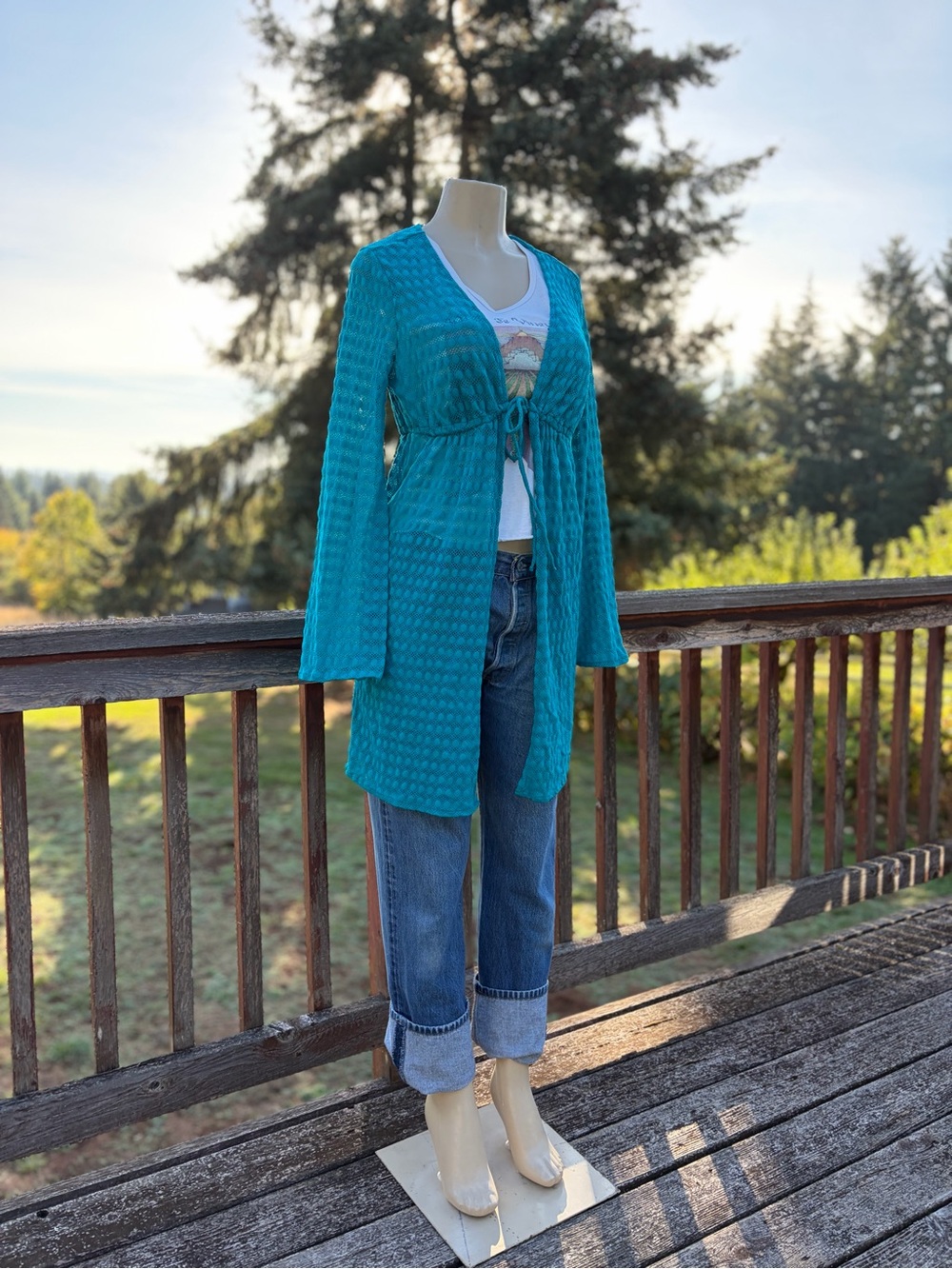 Jantzen Teal Crochet Eyelet Swimsuit Coverup Women’s Size L Boho Chic Fairycore - Picture 5 of 16